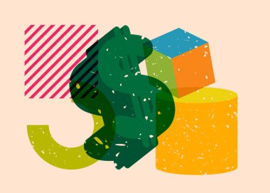 Geometrik şekilli Risograph Dolar İşareti. Geometri elemanları ile modayı gösteren riso grafik desen tasarımı nesneleri.