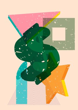 Geometrik şekilli Risograph Dolar İşareti. Geometri elemanları ile modayı gösteren riso grafik desen tasarımı nesneleri.