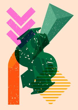 Geometrik şekilli Risograph Dolar İşareti. Geometri elemanları ile modayı gösteren riso grafik desen tasarımı nesneleri.