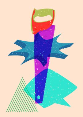 Geometrik şekilli konuşma baloncuğu ile Risograph Hand Testere. Geometri elemanları ile modayı gösteren riso grafik desen tasarımı nesneleri.