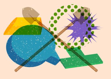 Risograph Spade, geometrik şekilli konuşma baloncuklu kürek. Geometri elemanları ile modayı gösteren riso grafik desen tasarımı nesneleri.