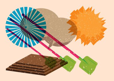 Risograph Spade, geometrik şekilli konuşma baloncuklu kürek. Geometri elemanları ile modayı gösteren riso grafik desen tasarımı nesneleri.