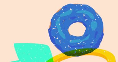 Risograph Donut ve geometrik şekilli konuşma balonu animasyon. Moda riso grafik tasarım videosunda nesne taşınıyor.