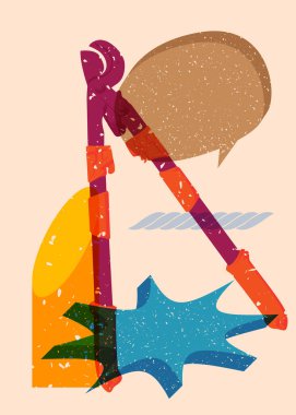 Risograph Heavy Duty Large Cable Cutter, eski tel ya da çelik makaslı, konuşma baloncuklu ve geometrik şekilli. Geometri elemanları ile modayı gösteren riso grafik desen tasarımı nesneleri.