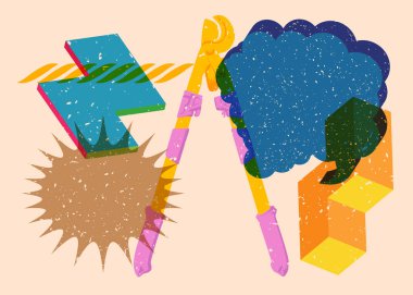 Risograph Heavy Duty Large Cable Cutter, eski tel ya da çelik makaslı, konuşma baloncuklu ve geometrik şekilli. Geometri elemanları ile modayı gösteren riso grafik desen tasarımı nesneleri.