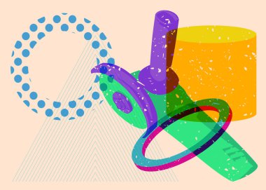 Risograph Açı Öğütücü, Geometrik şekilli Güç Aracı. Geometri elemanları ile modayı gösteren riso grafik desen tasarımı nesneleri.