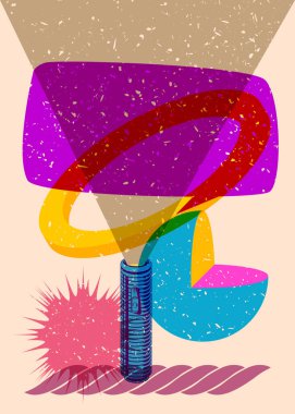 Geometrik şekilli konuşma baloncuklu Risograph Flashlight. Geometri elemanları ile modayı gösteren riso grafik desen tasarımı nesneleri.