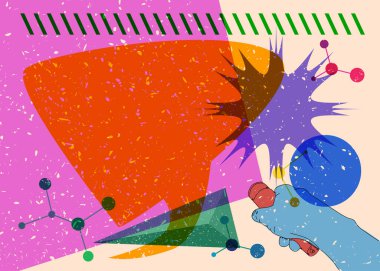 Geometrik şekilli konuşma baloncuklu Risograph Flashlight. Geometri elemanları ile modayı gösteren riso grafik desen tasarımı nesneleri.