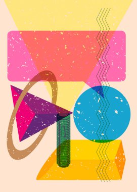 Geometrik şekilli konuşma baloncuklu Risograph Flashlight. Geometri elemanları ile modayı gösteren riso grafik desen tasarımı nesneleri.