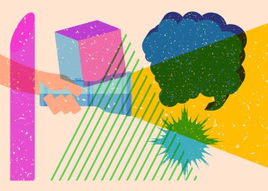 Geometrik şekilli konuşma baloncuklu Risograph Flashlight. Geometri elemanları ile modayı gösteren riso grafik desen tasarımı nesneleri.