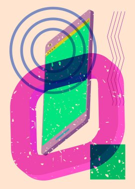 Geometrik şekilli Risograph Smart Phone. Geometri elemanları ile modayı gösteren riso grafik desen tasarımı nesneleri.
