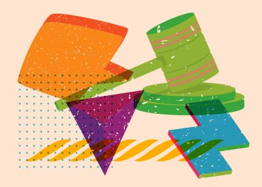 Geometrik şekilli konuşma baloncuğu ile Gavel 'i riske at. Geometri elemanları ile modayı gösteren riso grafik desen tasarımı nesneleri.