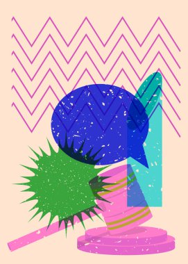 Geometrik şekilli konuşma baloncuğu ile Gavel 'i riske at. Geometri elemanları ile modayı gösteren riso grafik desen tasarımı nesneleri.