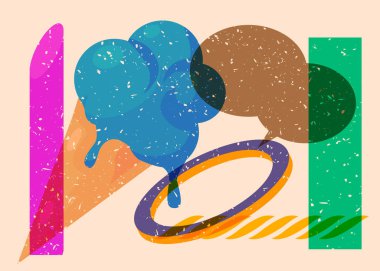 Geometrik şekilli konuşma baloncuklu Risograph dondurması. Geometri elemanları ile modayı gösteren riso grafik desen tasarımı nesneleri.