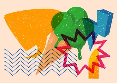 Geometrik şekilli konuşma baloncuklu Risograph dondurması. Geometri elemanları ile modayı gösteren riso grafik desen tasarımı nesneleri.