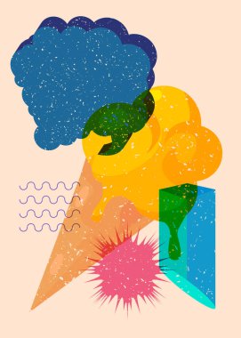 Geometrik şekilli konuşma baloncuklu Risograph dondurması. Geometri elemanları ile modayı gösteren riso grafik desen tasarımı nesneleri.