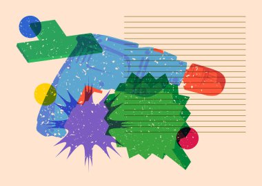 Risograph Drill, geometrik şekilli konuşma baloncuklu Güç Aracı. Geometri elemanları ile modayı gösteren riso grafik desen tasarımı nesneleri.