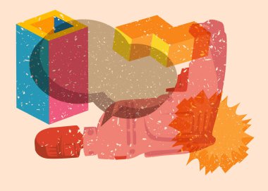 Risograph Drill, geometrik şekilli konuşma baloncuklu Güç Aracı. Geometri elemanları ile modayı gösteren riso grafik desen tasarımı nesneleri.