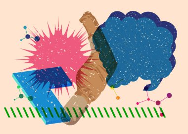 Risograph Drill, geometrik şekilli konuşma baloncuklu Güç Aracı. Geometri elemanları ile modayı gösteren riso grafik desen tasarımı nesneleri.