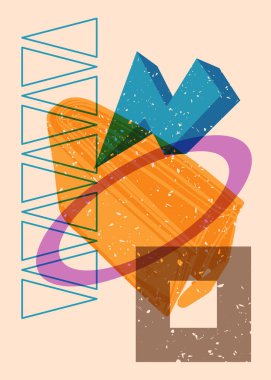 Geometrik şekilli Risograph Cüzdanı. Geometri elemanları ile modayı gösteren riso grafik desen tasarımı nesneleri.