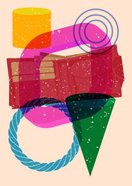 Geometrik şekilli Risograph Cüzdanı. Geometri elemanları ile modayı gösteren riso grafik desen tasarımı nesneleri.