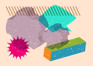 Geometrik şekilli konuşma baloncuklu Risograph Cogwheel. Geometri elemanları ile modadan riso grafik baskı desen tasarımında vites.