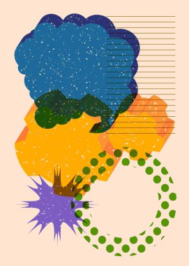 Geometrik şekilli konuşma baloncuklu Risograph Cogwheel. Geometri elemanları ile modadan riso grafik baskı desen tasarımında vites.