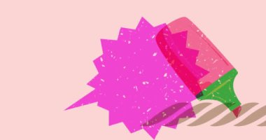 Risograph Keçeli Kalem ve geometrik şekilli konuşma balonu animasyonu. Moda riso grafik tasarım videosunda nesne taşınıyor.