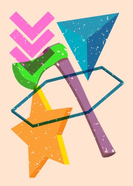 Geometrik şekilli risograph baltası. Geometri elemanları ile modayı gösteren riso grafik desen tasarımı nesneleri.