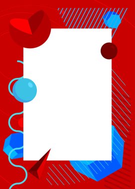 Metin için yeri olan mavi ve kırmızı geometrik grafik retro teması. Minimum geometrik elementler çerçevesi. Reklam için klasik soyut şekiller vektör illüstrasyonuName.