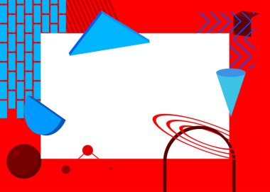 Metin için yeri olan mavi ve kırmızı geometrik grafik retro teması. Minimum geometrik elementler çerçevesi. Reklam için klasik soyut şekiller vektör illüstrasyonuName.