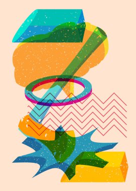 Geometrik şekilli konuşma balonlu Risograph Axe. Geometri elemanları ile modayı gösteren riso grafik desen tasarımı nesneleri.