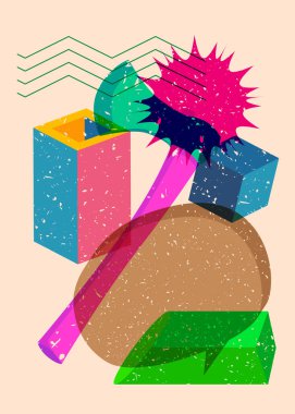 Geometrik şekilli konuşma balonlu Risograph Axe. Geometri elemanları ile modayı gösteren riso grafik desen tasarımı nesneleri.