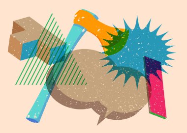 Geometrik şekilli konuşma balonlu Risograph Axe. Geometri elemanları ile modayı gösteren riso grafik desen tasarımı nesneleri.