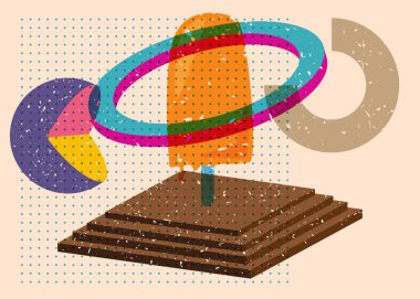 Geometrik şekilli Risograph Dondurması. Geometri elemanları ile modayı gösteren riso grafik desen tasarımı nesneleri.