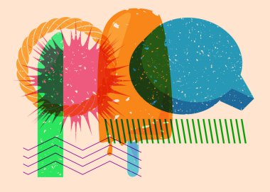 Geometrik şekilli konuşma baloncuklu Risograph dondurması. Geometri elemanları ile modayı gösteren riso grafik desen tasarımı nesneleri.