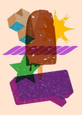 Geometrik şekilli konuşma baloncuklu Risograph dondurması. Geometri elemanları ile modayı gösteren riso grafik desen tasarımı nesneleri.