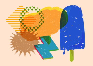 Geometrik şekilli konuşma baloncuklu Risograph dondurması. Geometri elemanları ile modayı gösteren riso grafik desen tasarımı nesneleri.