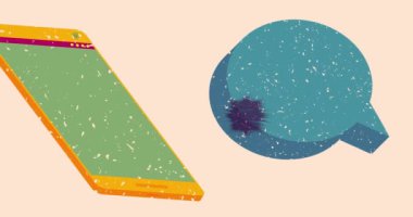 Risograph Smart Phone ve geometrik şekilli konuşma balonu animasyon. Moda riso grafik tasarım videosunda nesne taşınıyor.