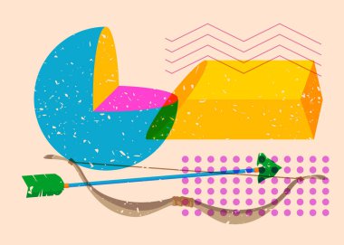 Geometrik şekilli Risograph yay ve ok. Geometri elemanları ile modayı gösteren riso grafik desen tasarımı nesneleri.
