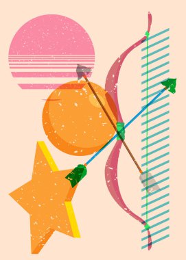 Geometrik şekilli Risograph yay ve ok. Geometri elemanları ile modayı gösteren riso grafik desen tasarımı nesneleri.