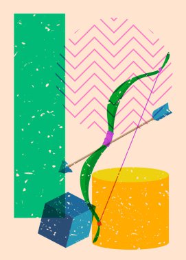 Geometrik şekilli Risograph yay ve ok. Geometri elemanları ile modayı gösteren riso grafik desen tasarımı nesneleri.