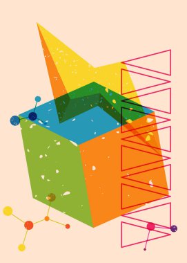 Renkli geometrik şekiller. Moda riso grafik tasarımlı nesne. Geometri ögeleri soyut risograf baskı desen biçimi.