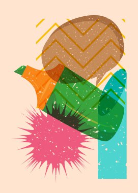 Geometrik şekilli konuşma baloncuklu Risograph Keçeli Kalem. Geometri elemanları ile modayı gösteren riso grafik desen tasarımı nesneleri.