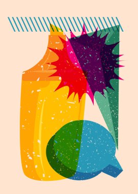 Geometrik şekilli konuşma baloncuklu Risograph Keçeli Kalem. Geometri elemanları ile modayı gösteren riso grafik desen tasarımı nesneleri.