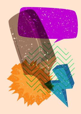 Geometrik şekilli konuşma baloncuklu Risograph Keçeli Kalem. Geometri elemanları ile modayı gösteren riso grafik desen tasarımı nesneleri.