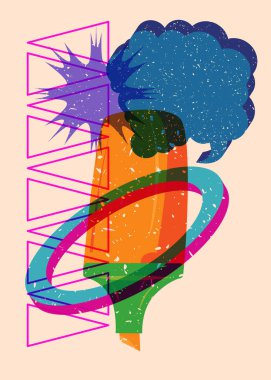 Geometrik şekilli konuşma baloncuklu Risograph Keçeli Kalem. Geometri elemanları ile modayı gösteren riso grafik desen tasarımı nesneleri.