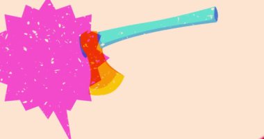 Geometrik şekilli balta ve konuşma balonu animasyonu oluşturur. Moda riso grafik tasarım videosunda nesne taşınıyor.