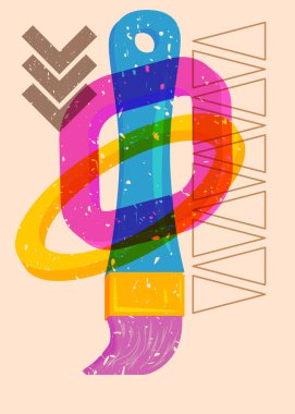 Geometrik şekilli Risograph boya fırçası. Geometri elemanları ile modayı gösteren riso grafik desen tasarımı nesneleri.