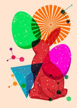 Geometrik şekilli Risograph Paskalya Yumurtası ve Tavşan. Geometri elemanları ile modayı gösteren riso grafik desen tasarımı nesneleri.